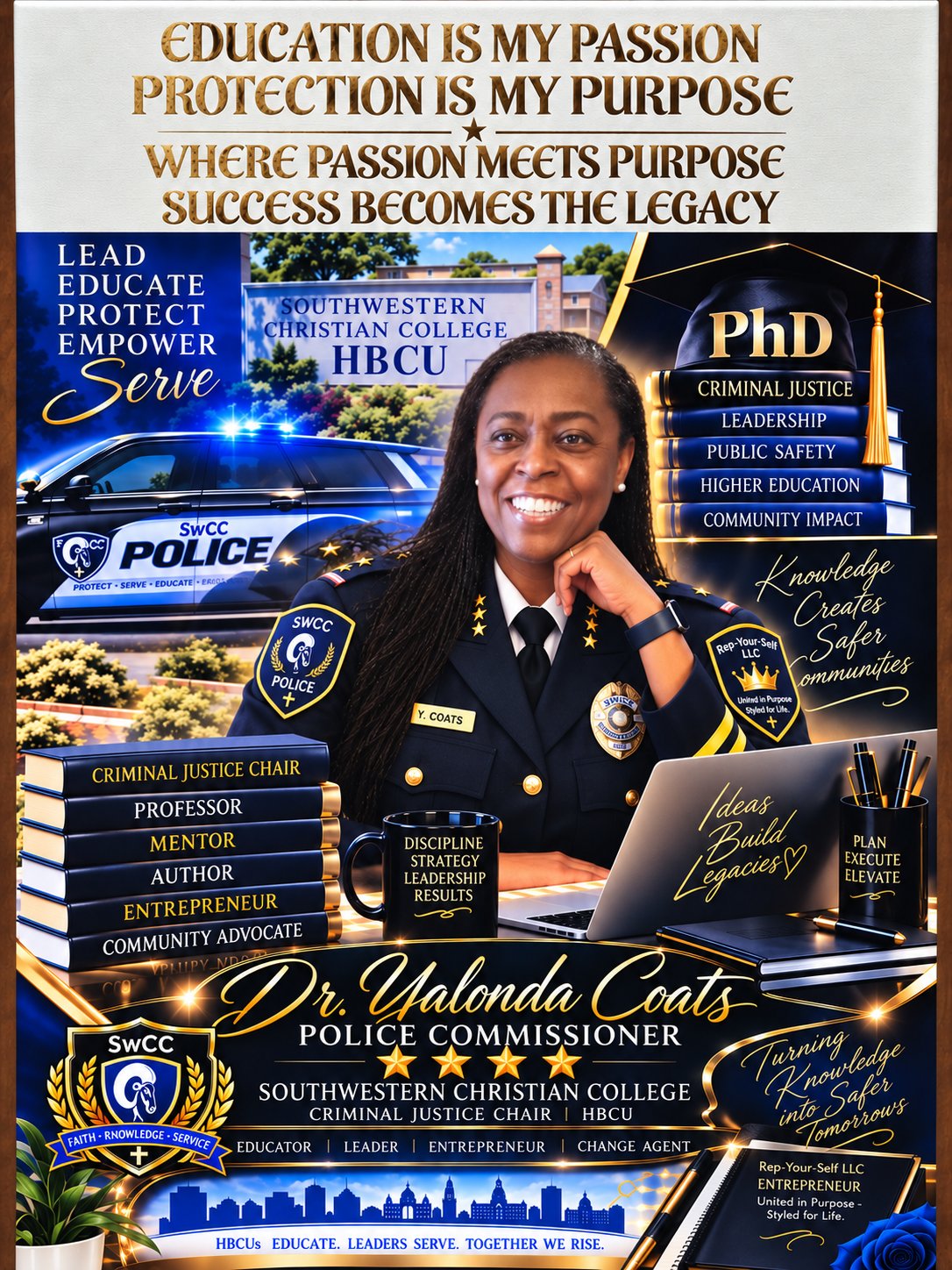 Poster of Dr. Yalonda Coats, Police Commissioner and Southwestern Christian College Criminal Justice Chair, in uniform beside an SwCC Police vehicle. Text reads: Education Is My Passion, Protection Is My Purpose &mdash; Where Passion Meets Purpose, Success Becomes the Legacy; Lead, Educate, Protect, Empower, Serve.