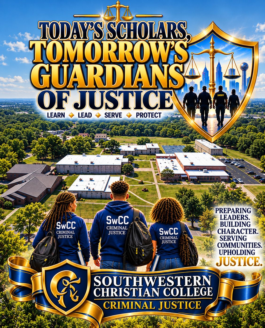 Three SwCC Criminal Justice students look out over an aerial view of campus beside a gold shield with the scales of justice and silhouetted officers. Text reads: Today&rsquo;s Scholars, Tomorrow&rsquo;s Guardians of Justice &mdash; Learn, Lead, Serve, Protect &mdash; Preparing Leaders. Building Character. Serving Communities. Upholding Justice. Southwestern Christian College Criminal Justice.