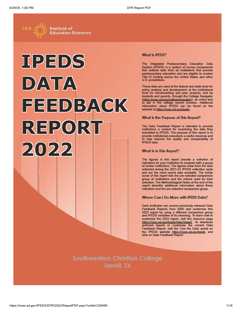 Cover of the IPEDS Data Feedback Report 2022, Southwestern Christian College, Terrell, TX