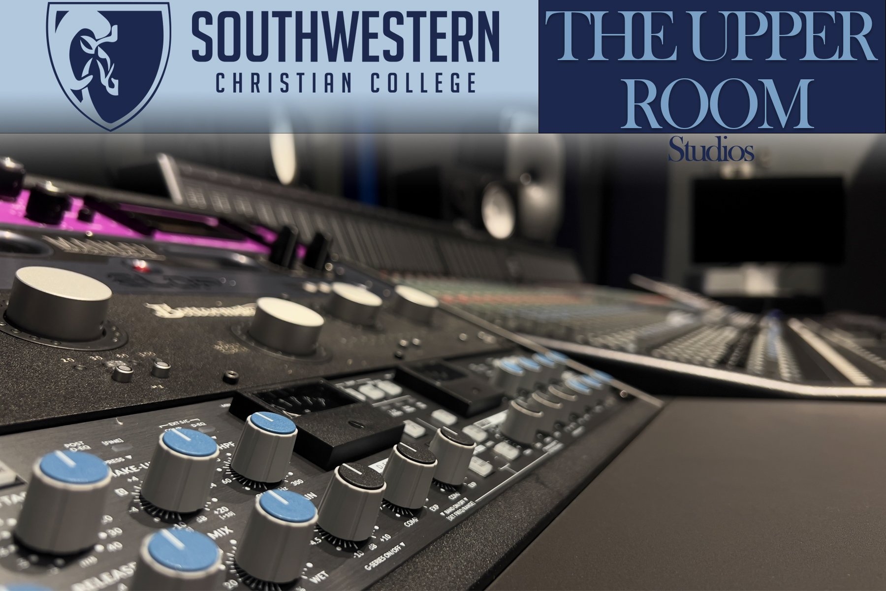 Upper Room Studios postcard: Southwestern Christian College and The Upper Room Studios logos over a close-up of console knobs